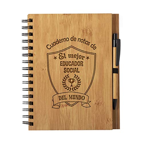 Planetacase Cuaderno De Notas El Mejor Educador Social Del Mundo - Libreta De Madera Natural Con Boligrafo Regalo Original Tamaño A5